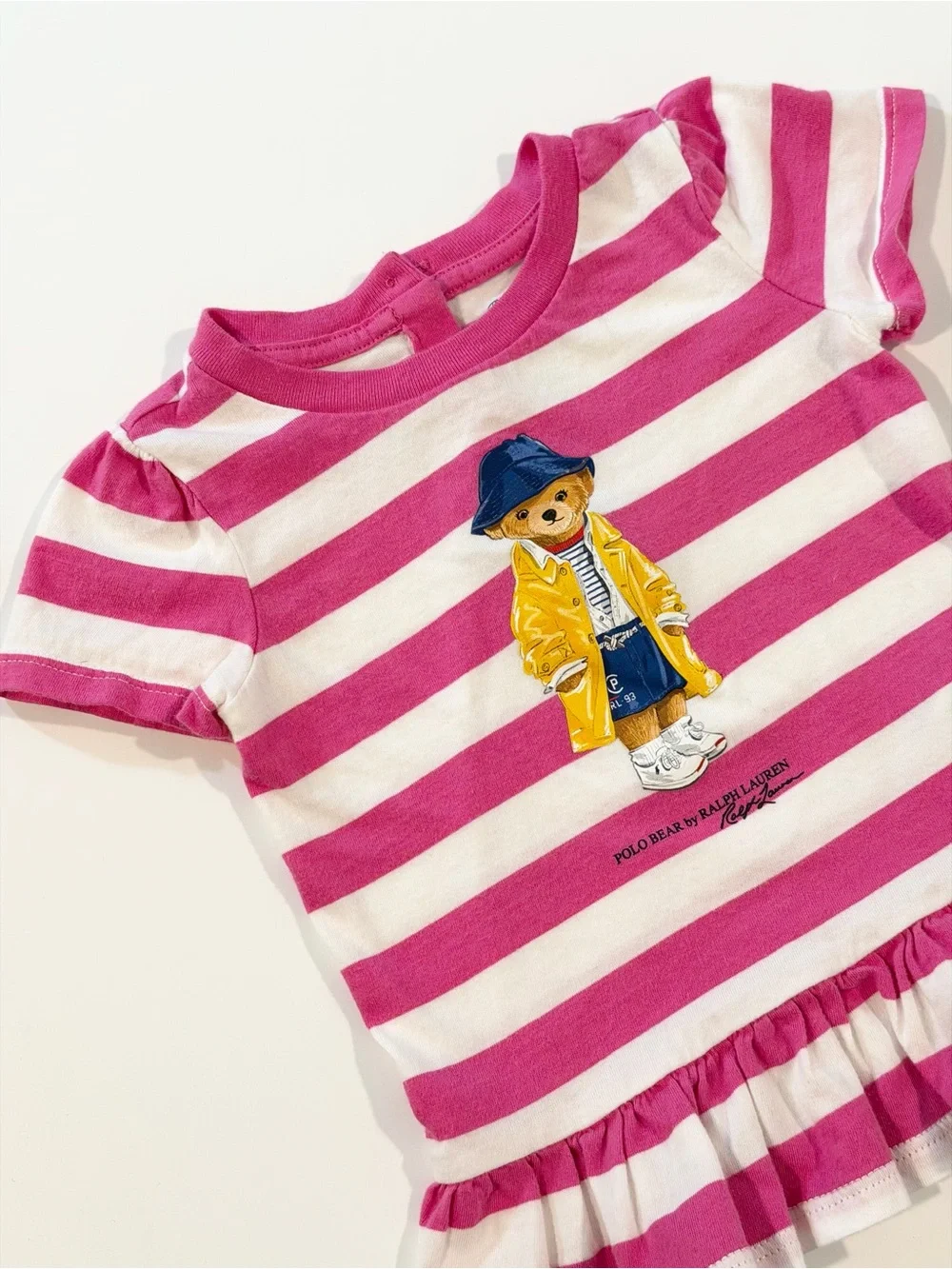Polo Bear Ralph Lauren Baby Girl Dress Size 9M 9 Months Pink Stripe Raincoat